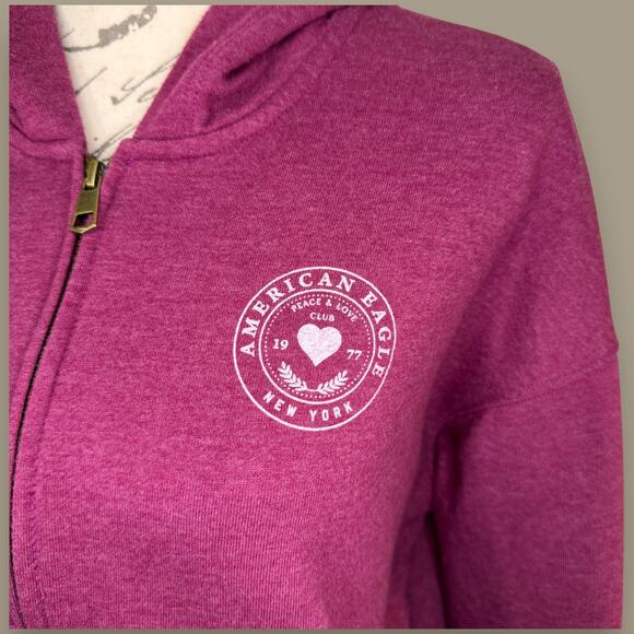 American Eagle Peace & Love Club Zip Hoodie Maroon Relaxed Fit - Picture 2 of 9